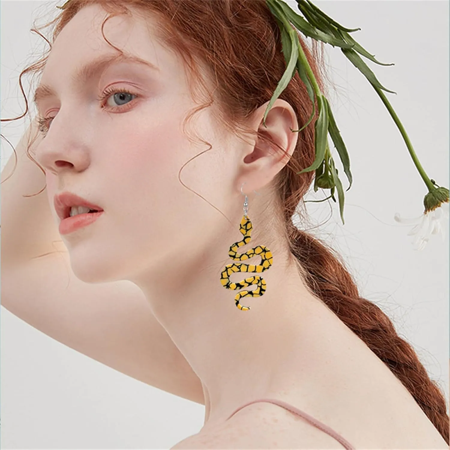 MALOYANVE Snake Earrings for Women Unique Funny Green Acrylic Moon Pattern Snake Shaped Dangle Drop Weird Earrings