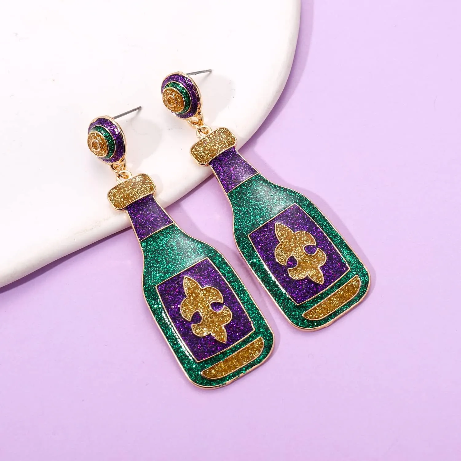 Mardi Gras Earrings for Women Glitter Mask Carnival Drop Earrings Wine Bottle Fleur De Lis Dangle Earrings Carnival Holiday Jewelry Gifts