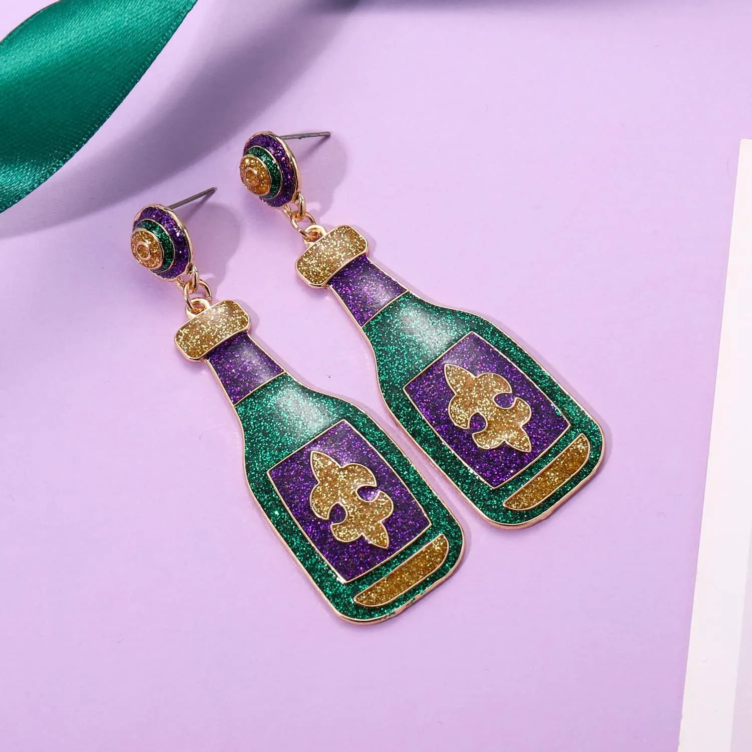 Mardi Gras Earrings for Women Glitter Mask Carnival Drop Earrings Wine Bottle Fleur De Lis Dangle Earrings Carnival Holiday Jewelry Gifts