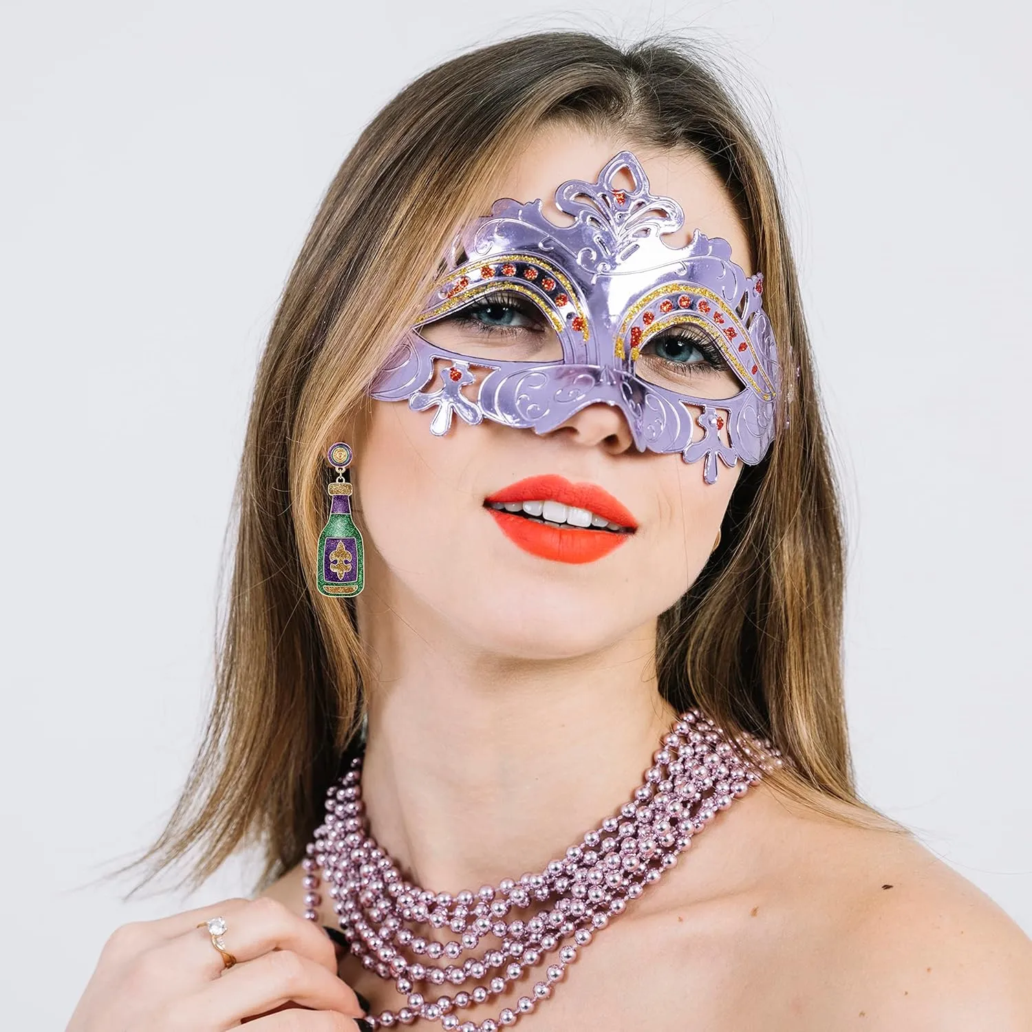 Mardi Gras Earrings for Women Glitter Mask Carnival Drop Earrings Wine Bottle Fleur De Lis Dangle Earrings Carnival Holiday Jewelry Gifts