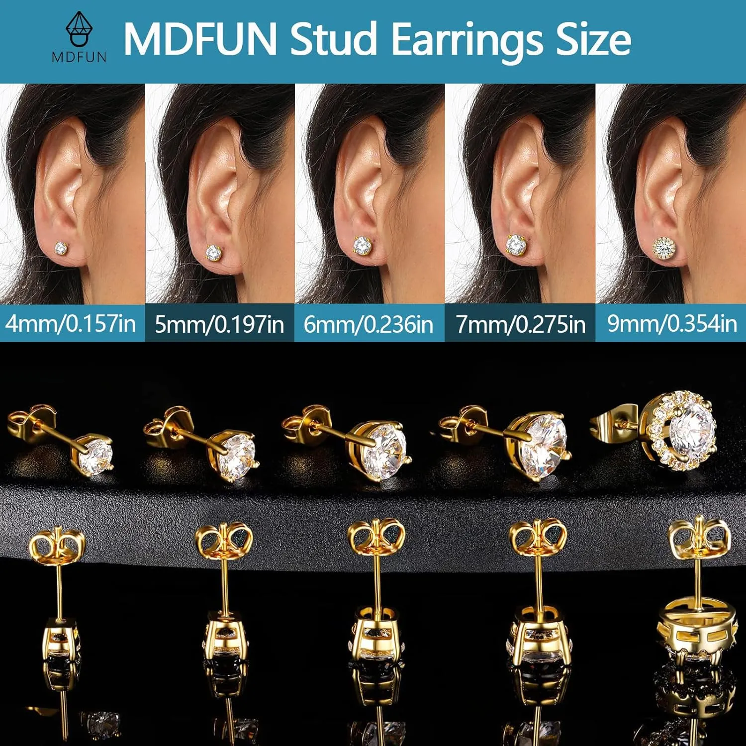 MDFUN 5 Pairs 18K Gold Plated 5A  Cubic Zirconia Earrings Hypoallergenic 4mm/5mm/6mm/7mm/9mm Princess Round Halo Stud Earrings for Women Men