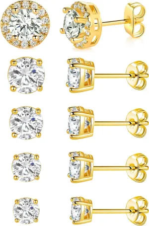 MDFUN 5 Pairs 18K Gold Plated 5A  Cubic Zirconia Earrings Hypoallergenic 4mm/5mm/6mm/7mm/9mm Princess Round Halo Stud Earrings for Women Men