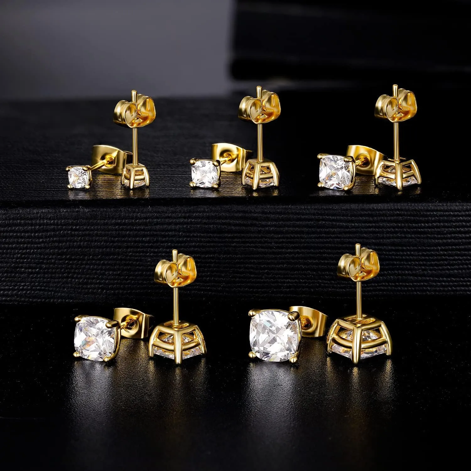 MDFUN 5 Pairs Stud Earrings Sets 3-7MM 18K Gold Plated Round/Cushion/Asscher/Emerald Cut Cubic Zirconia Earring Hypoallergenic Stud Earrings for Women Men