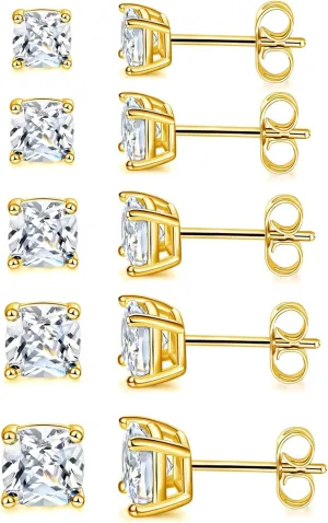 MDFUN 5 Pairs Stud Earrings Sets 3-7MM 18K Gold Plated Round/Cushion/Asscher/Emerald Cut Cubic Zirconia Earring Hypoallergenic Stud Earrings for Women Men