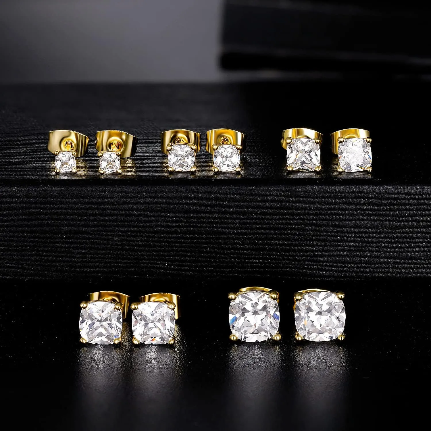 MDFUN 5 Pairs Stud Earrings Sets 3-7MM 18K Gold Plated Round/Cushion/Asscher/Emerald Cut Cubic Zirconia Earring Hypoallergenic Stud Earrings for Women Men