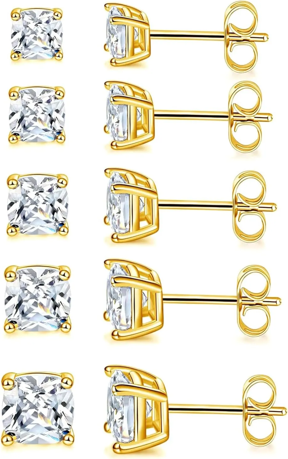 MDFUN 5 Pairs Stud Earrings Sets 3-7MM 18K Gold Plated Round/Cushion/Asscher/Emerald Cut Cubic Zirconia Earring Hypoallergenic Stud Earrings for Women Men