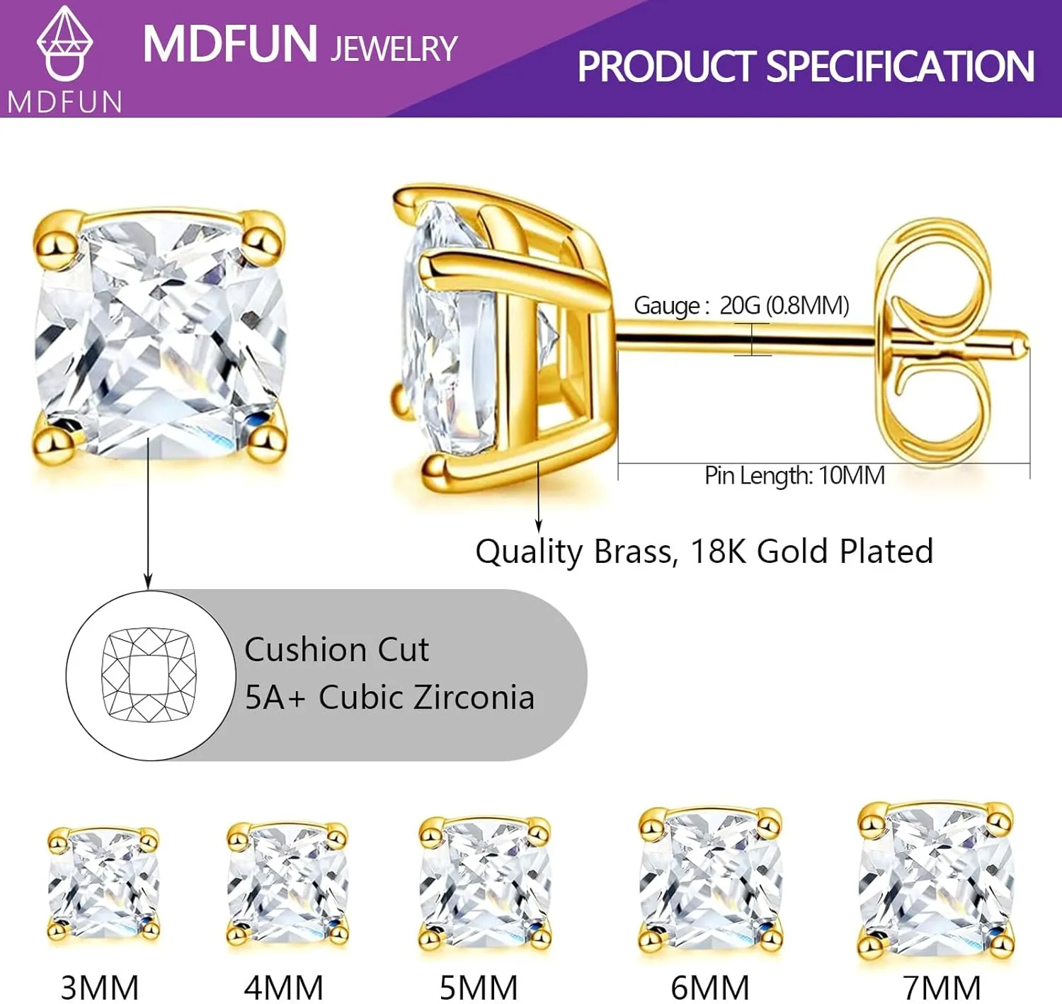 MDFUN 5 Pairs Stud Earrings Sets 3-7MM 18K Gold Plated Round/Cushion/Asscher/Emerald Cut Cubic Zirconia Earring Hypoallergenic Stud Earrings for Women Men
