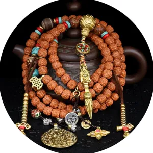 Meditation Buddhist Prayer Beads Necklace, Bracelet, Vajra Bodhi Bead Bracelet,The Nine Palace Eight Trigrams Pendant, 108 Mala Beads Necklace Cuff, Yoga Meditation Buddhist Wrist Jewelry