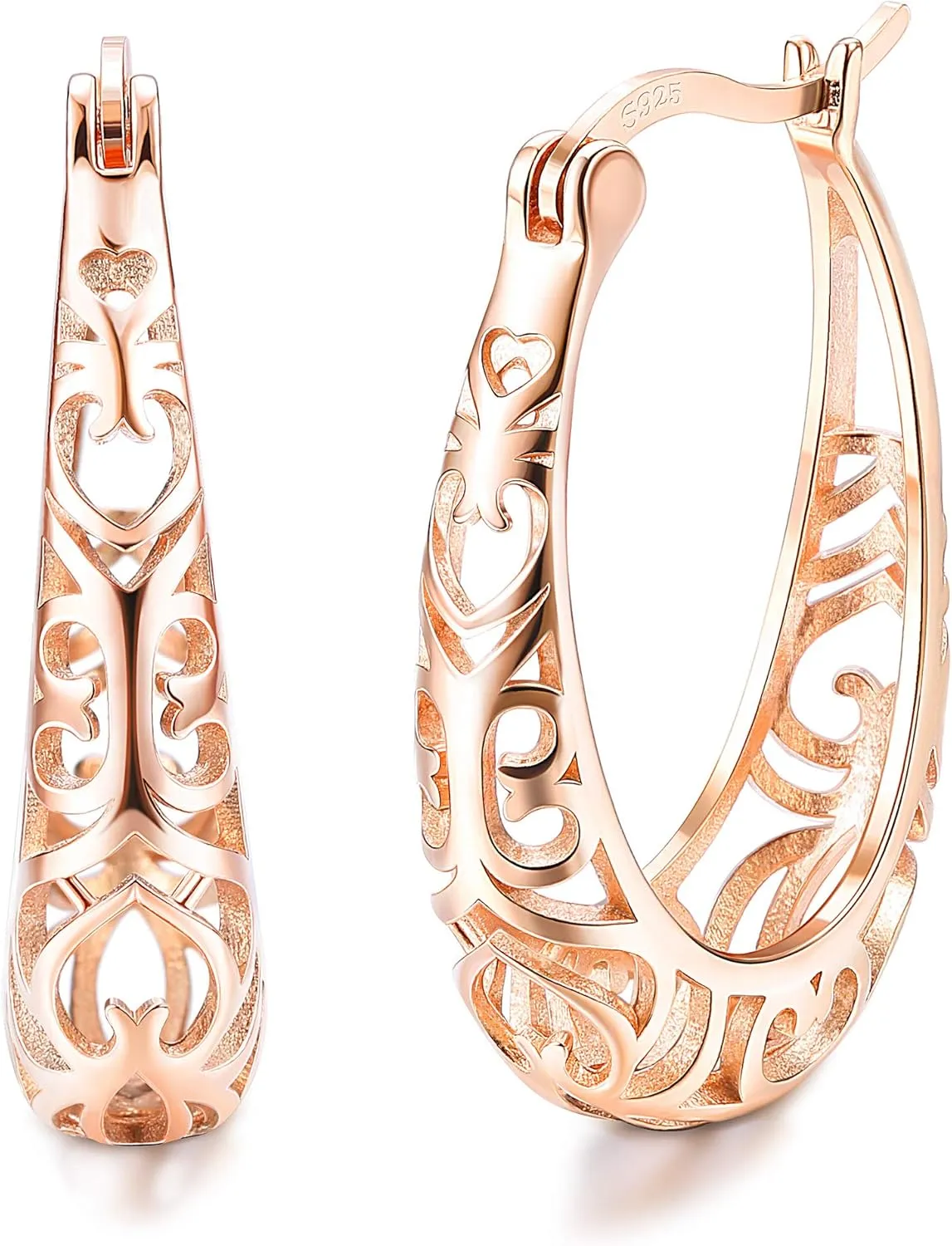 Milacolato 925 Sterling Silver Hoop Earrings for Women 18K White Gold Plated Textured Filigree Oval Hoop Earrings Lightweight & Hypoallergenic Vintage Hoop Earrings