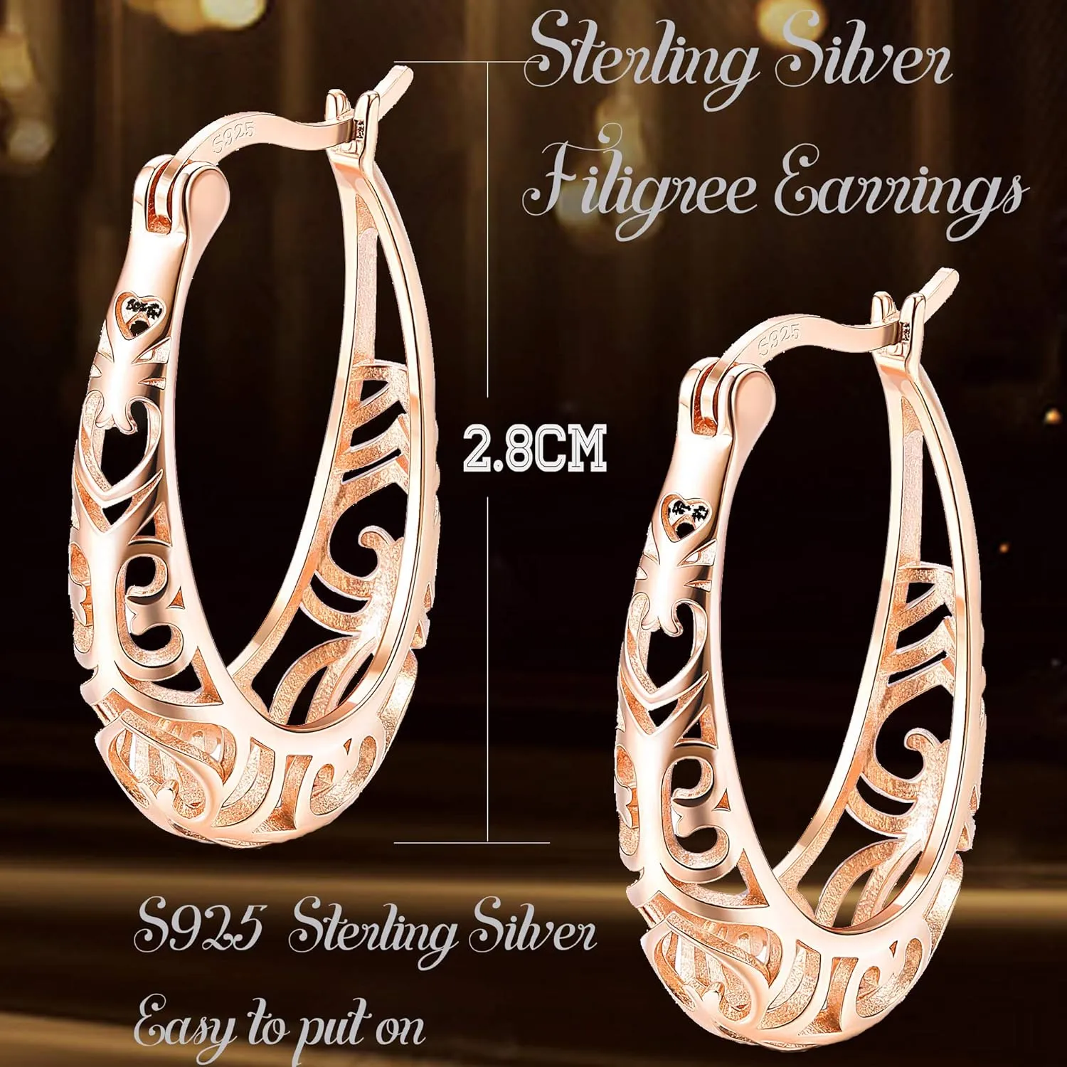 Milacolato 925 Sterling Silver Hoop Earrings for Women 18K White Gold Plated Textured Filigree Oval Hoop Earrings Lightweight & Hypoallergenic Vintage Hoop Earrings