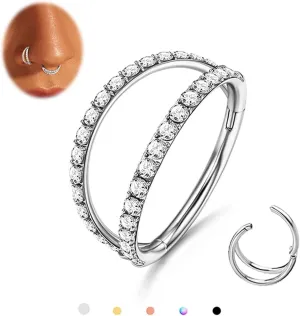 MILACOLATO G23 Titanium Nose Rings Hoops 16G 18G 20G Double Hoop Septum Click Nose Rings Lip Rook Lobe Tragus Helix Cartilage Daith Conch Earrings Clear CZ Paved Nose Piercing Jewelry for Women Men