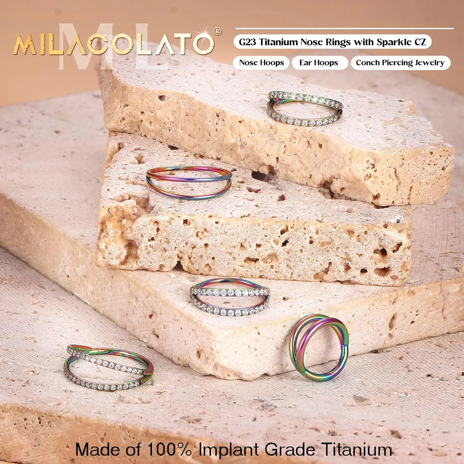 MILACOLATO G23 Titanium Nose Rings Hoops 16G 18G 20G Double Hoop Septum Click Nose Rings Lip Rook Lobe Tragus Helix Cartilage Daith Conch Earrings Clear CZ Paved Nose Piercing Jewelry for Women Men