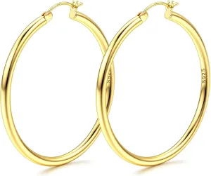 MILACOLATO S925 Sterling Silver Hoop Earrings 14K Real Gold Plated Hoops 3mm Chunky Large Big Hoop Earrings Hypoallergenic Lightweight Earrings for Women 15/20/30/40/50/60/70mm