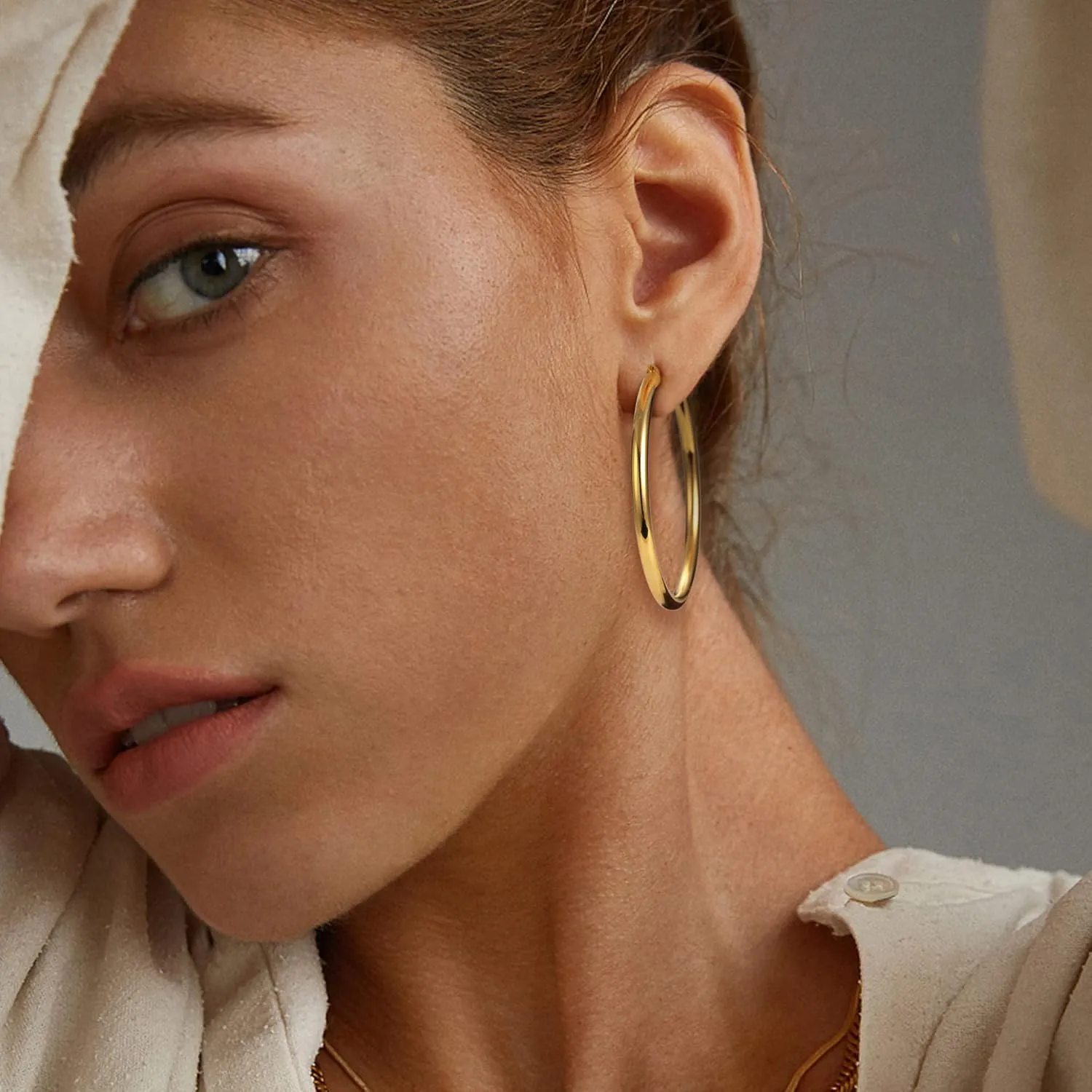 MILACOLATO S925 Sterling Silver Hoop Earrings 14K Real Gold Plated Hoops 3mm Chunky Large Big Hoop Earrings Hypoallergenic Lightweight Earrings for Women 15/20/30/40/50/60/70mm