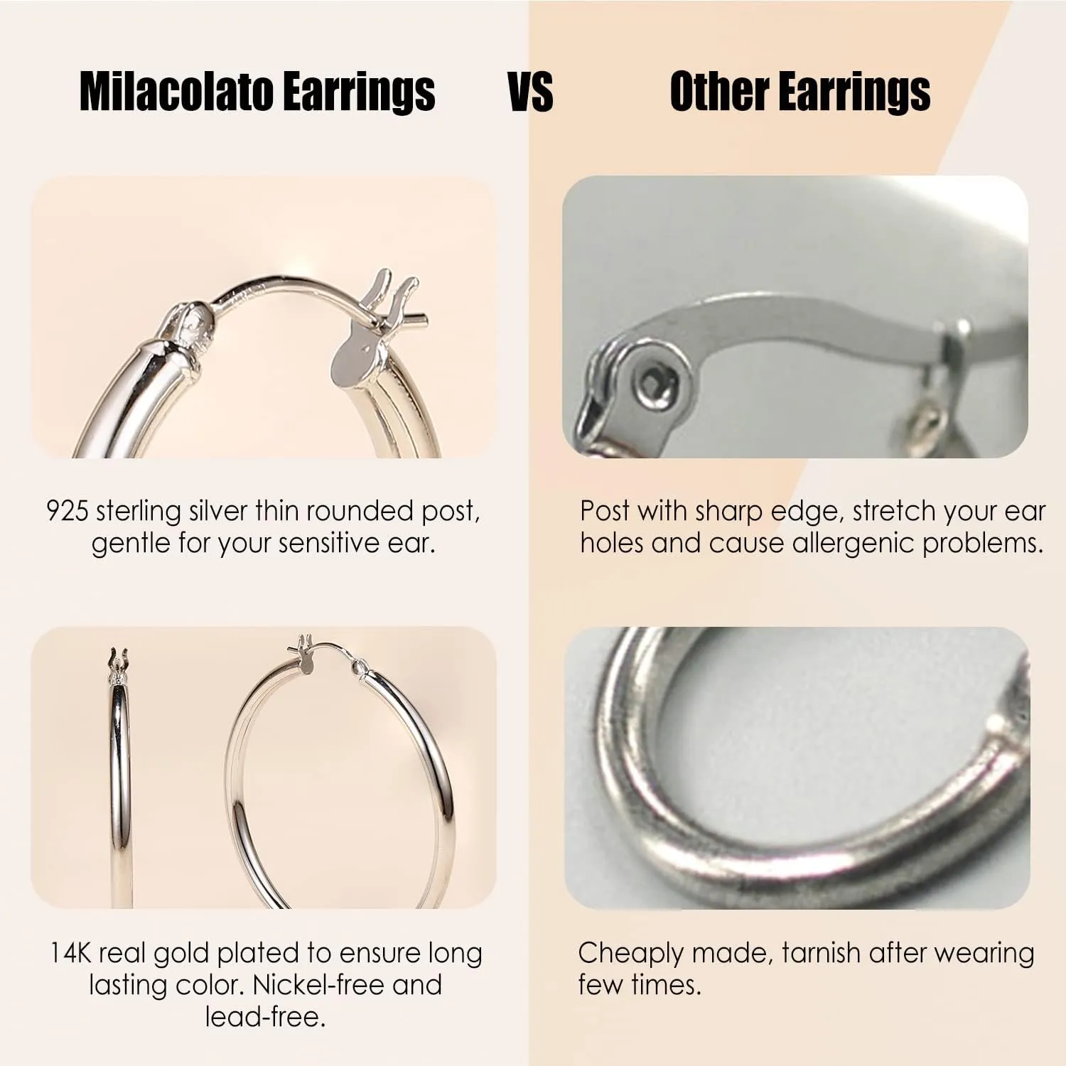 MILACOLATO S925 Sterling Silver Hoop Earrings 14K Real Gold Plated Hoops 3mm Chunky Large Big Hoop Earrings Hypoallergenic Lightweight Earrings for Women 15/20/30/40/50/60/70mm