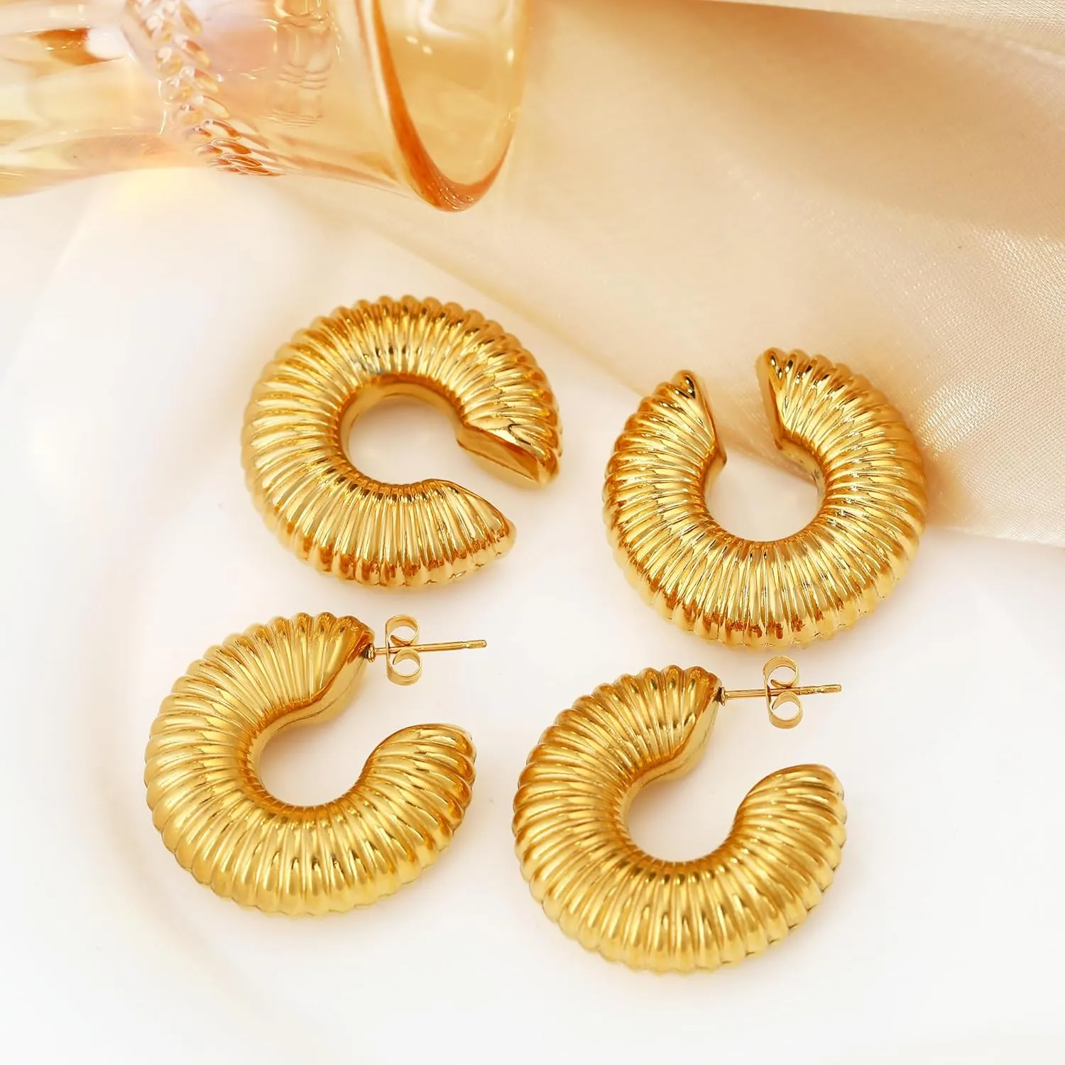 MISS RIGHT Chunky Gold Hoop Earrings and Ear Cuffs for Women Non Piercing, Hypoallergenic 18K Gold Plated Stainless Steel Thick Earrings Lightweight for Women Trendy Jewelry Gifts
