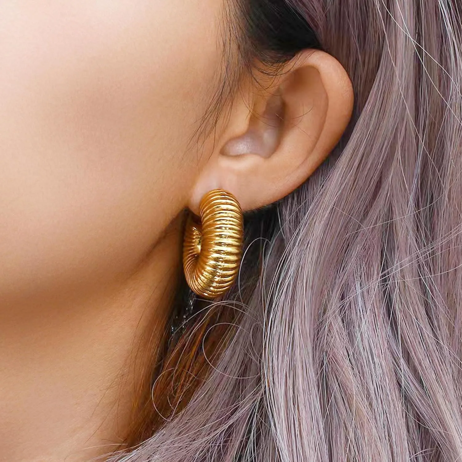 MISS RIGHT Chunky Gold Hoop Earrings and Ear Cuffs for Women Non Piercing, Hypoallergenic 18K Gold Plated Stainless Steel Thick Earrings Lightweight for Women Trendy Jewelry Gifts