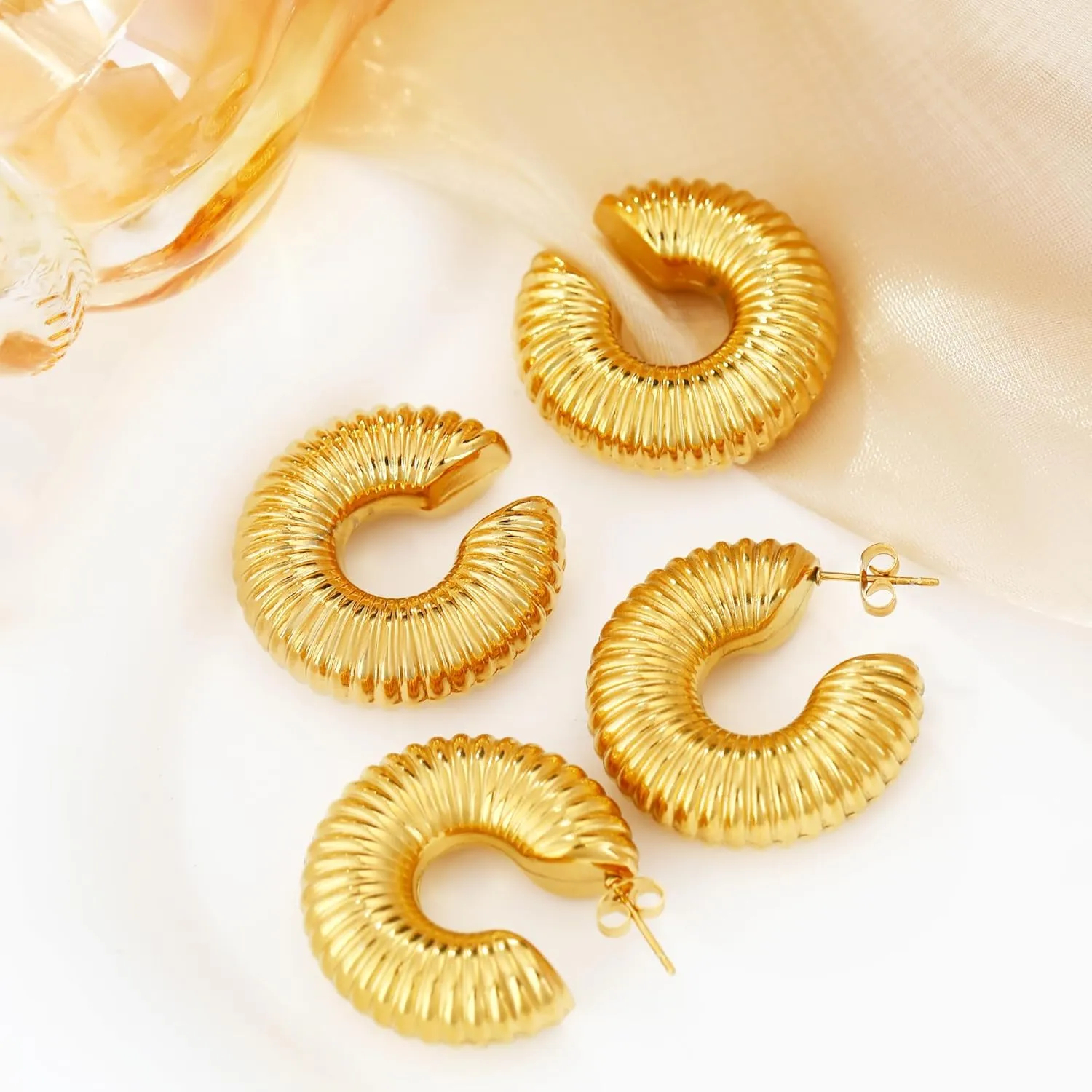 MISS RIGHT Chunky Gold Hoop Earrings and Ear Cuffs for Women Non Piercing, Hypoallergenic 18K Gold Plated Stainless Steel Thick Earrings Lightweight for Women Trendy Jewelry Gifts