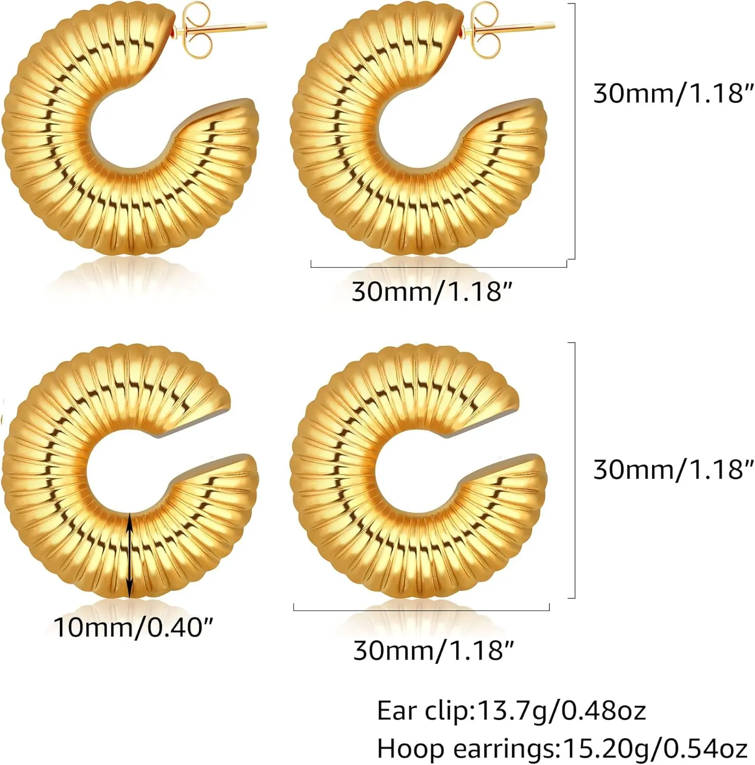 MISS RIGHT Chunky Gold Hoop Earrings and Ear Cuffs for Women Non Piercing, Hypoallergenic 18K Gold Plated Stainless Steel Thick Earrings Lightweight for Women Trendy Jewelry Gifts