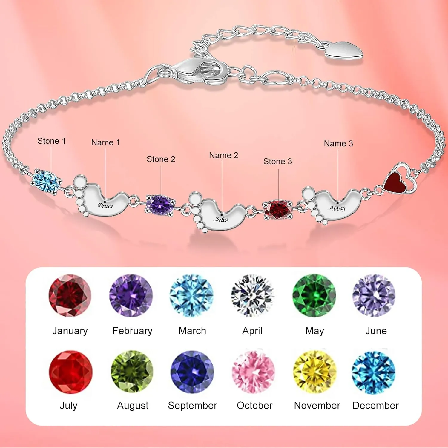 MissNaNa Personalized Birthstone Bracelets for Women 1 to 8 Birthstones & Names Custom Feet Charms Family Bracelet for Mother Mom Grandma