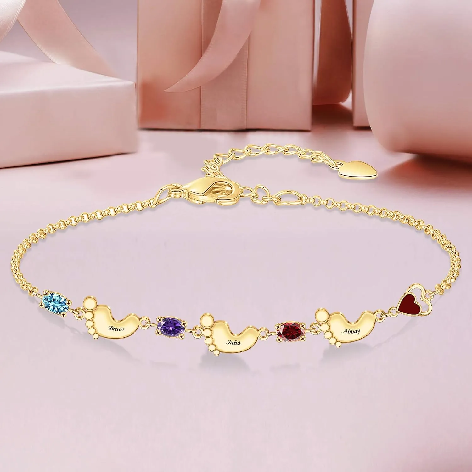 MissNaNa Personalized Birthstone Bracelets for Women 1 to 8 Birthstones & Names Custom Feet Charms Family Bracelet for Mother Mom Grandma