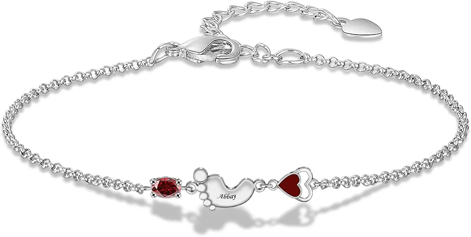 MissNaNa Personalized Birthstone Bracelets for Women 1 to 8 Birthstones & Names Custom Feet Charms Family Bracelet for Mother Mom Grandma