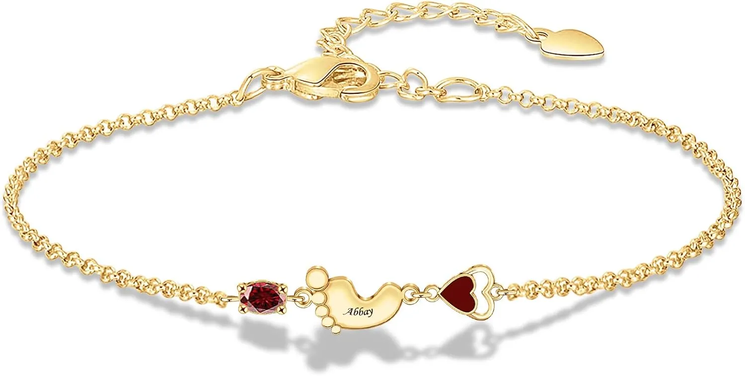 MissNaNa Personalized Birthstone Bracelets for Women 1 to 8 Birthstones & Names Custom Feet Charms Family Bracelet for Mother Mom Grandma