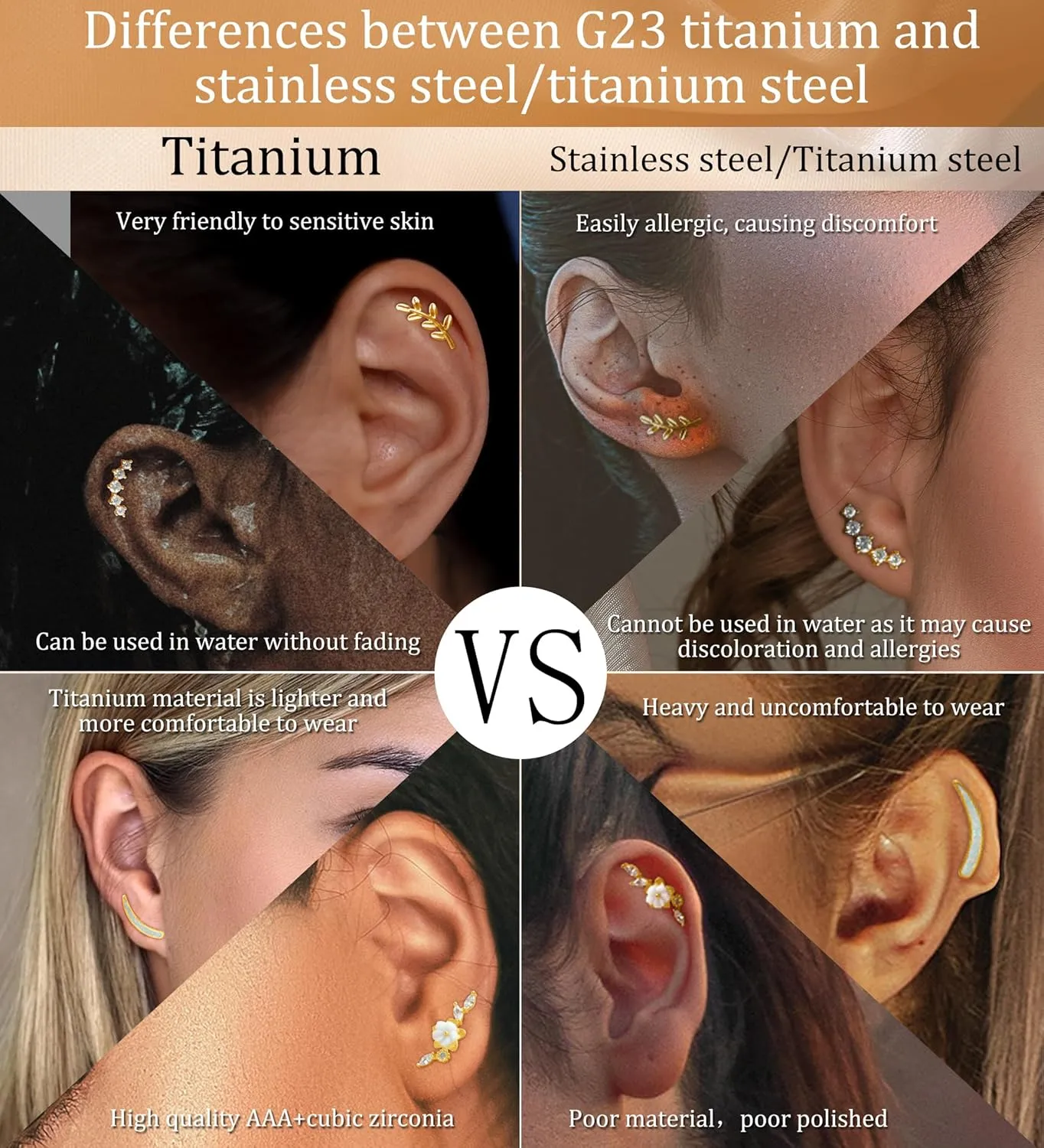 MJust G23 Titanium Cartilage Earrings for Women 16G Pure Titanium Flat Back Stud for Sensitive Ear Cartilage Opal CZ Stud Earrings Internally Threaded Conch Helix Tragus Piercing Jewelry