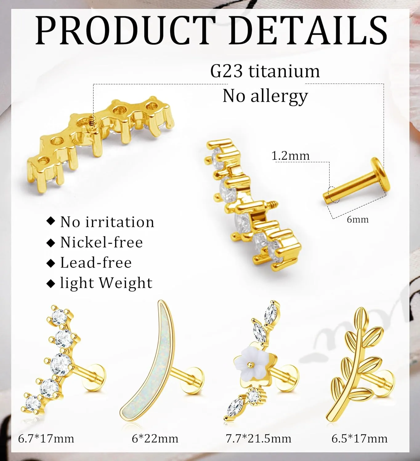 MJust G23 Titanium Cartilage Earrings for Women 16G Pure Titanium Flat Back Stud for Sensitive Ear Cartilage Opal CZ Stud Earrings Internally Threaded Conch Helix Tragus Piercing Jewelry