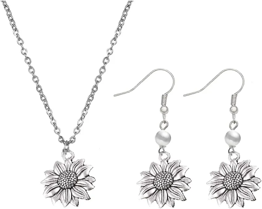 Modpide Vintage Gold Sunflower Pearl Dangle Earrings Sunflower Necklace Jewelry Set for Women