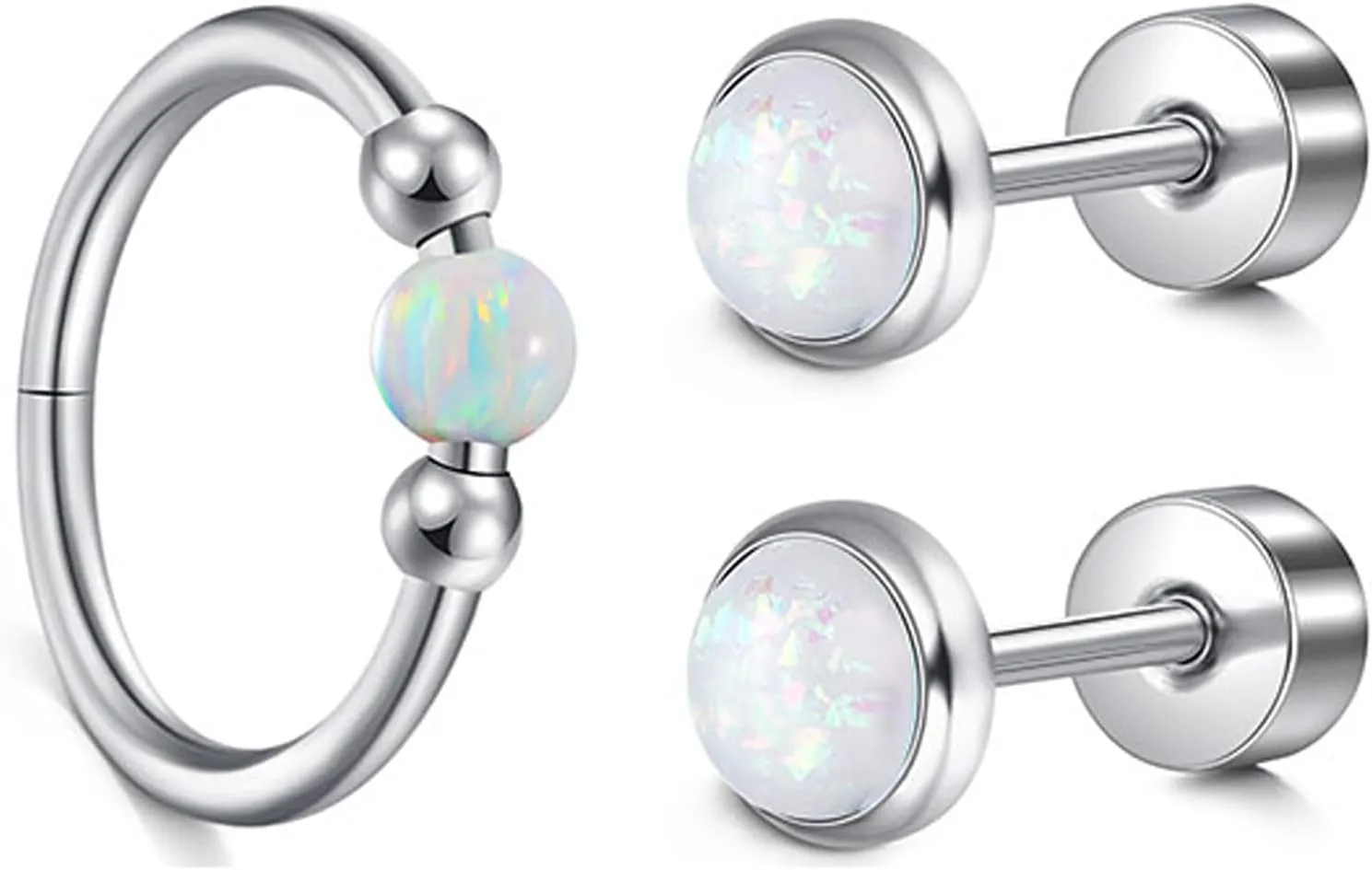 MODRSA 18g Nose Ring Opal Nose Ring Opal Nose Stud L Shaped Opal Nose Hoop Clicker Silver Gold Nose Rings for Women Cartilage Hoop Earring Cartilage Hoop Helix Hoop Earring White Daith Earring Hoop