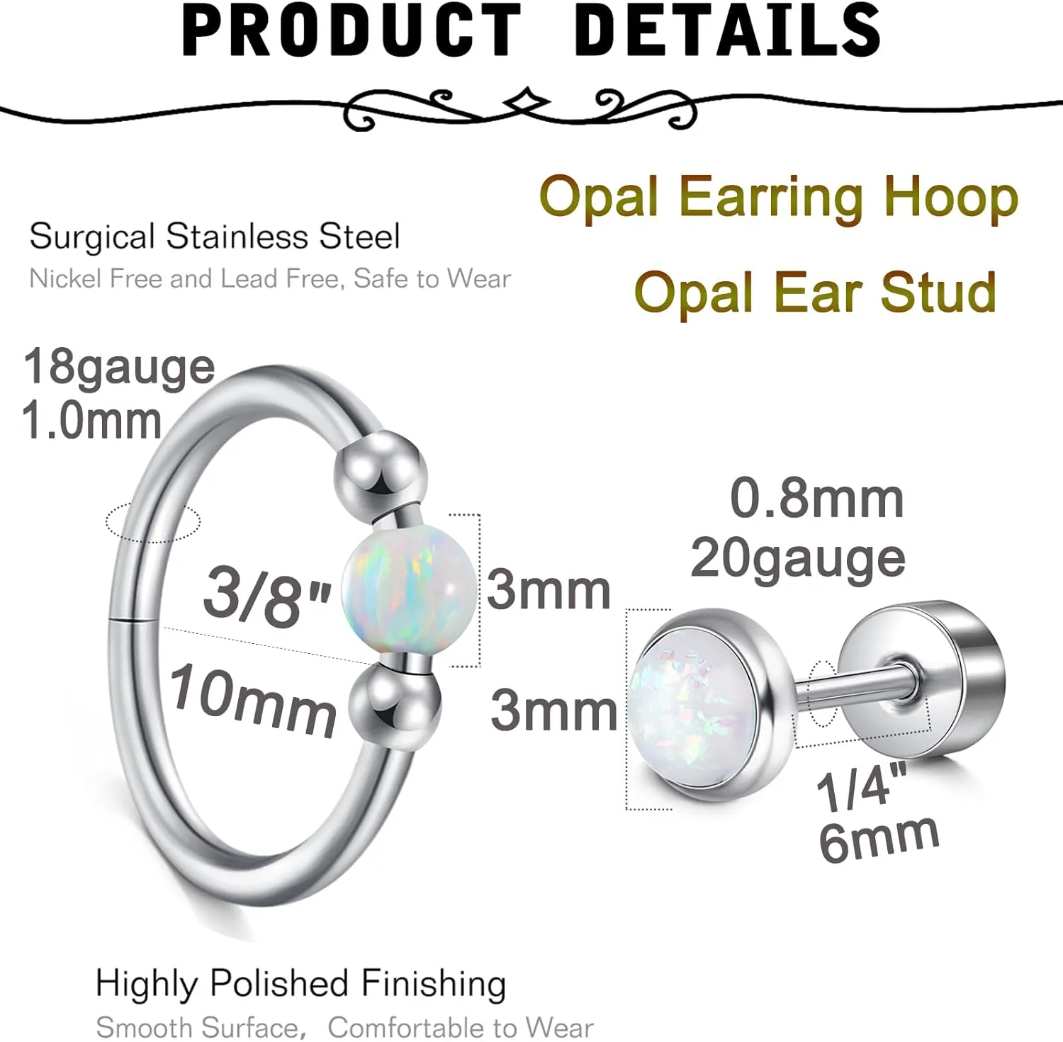 MODRSA 18g Nose Ring Opal Nose Ring Opal Nose Stud L Shaped Opal Nose Hoop Clicker Silver Gold Nose Rings for Women Cartilage Hoop Earring Cartilage Hoop Helix Hoop Earring White Daith Earring Hoop