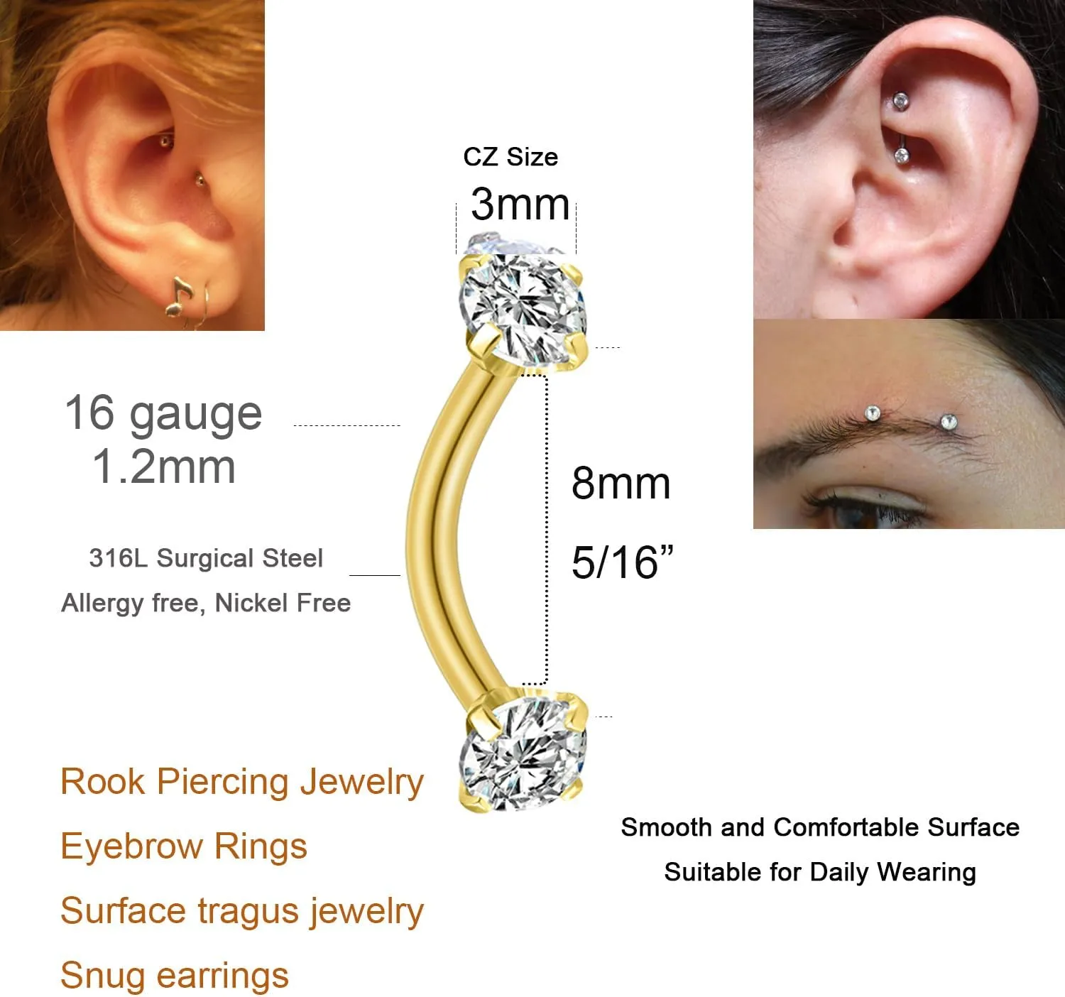 MODRSA Rook Piercing Jewelry Rook Earrings for Women Eyebrow Rings Surgical Steel Vertical Labret Jewelry 16g 14g Curved Barbell Snug Daith Surface Tragus Piercing Jewelry Silver Gold