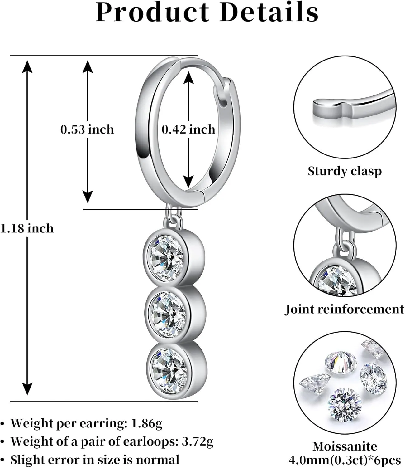 Moissanite Hoop Earrings for Women Moissanite Drop Dangle Earrings Bubbles D Color VVS1 Clarity 18K White Gold Plated 925 Sterling Silver Round Cut
