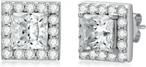 Moissanite Stud Earrings (D-Color, VVS), Sterling Silver 2-1/4ct Center 5.5x5.5 mm Princess Cut Moissanite Stud Earrings with 18K White Gold Plated, for Her Women Ladies Mom
