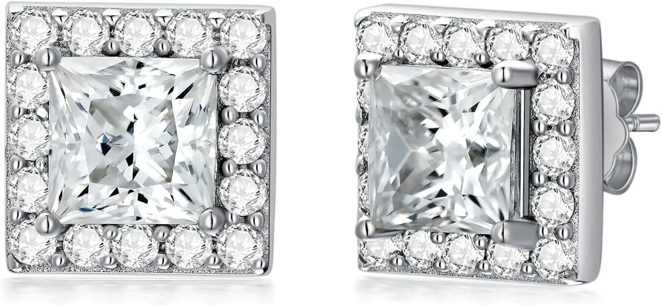 Moissanite Stud Earrings (D-Color, VVS), Sterling Silver 2-1/4ct Center 5.5x5.5 mm Princess Cut Moissanite Stud Earrings with 18K White Gold Plated, for Her Women Ladies Mom