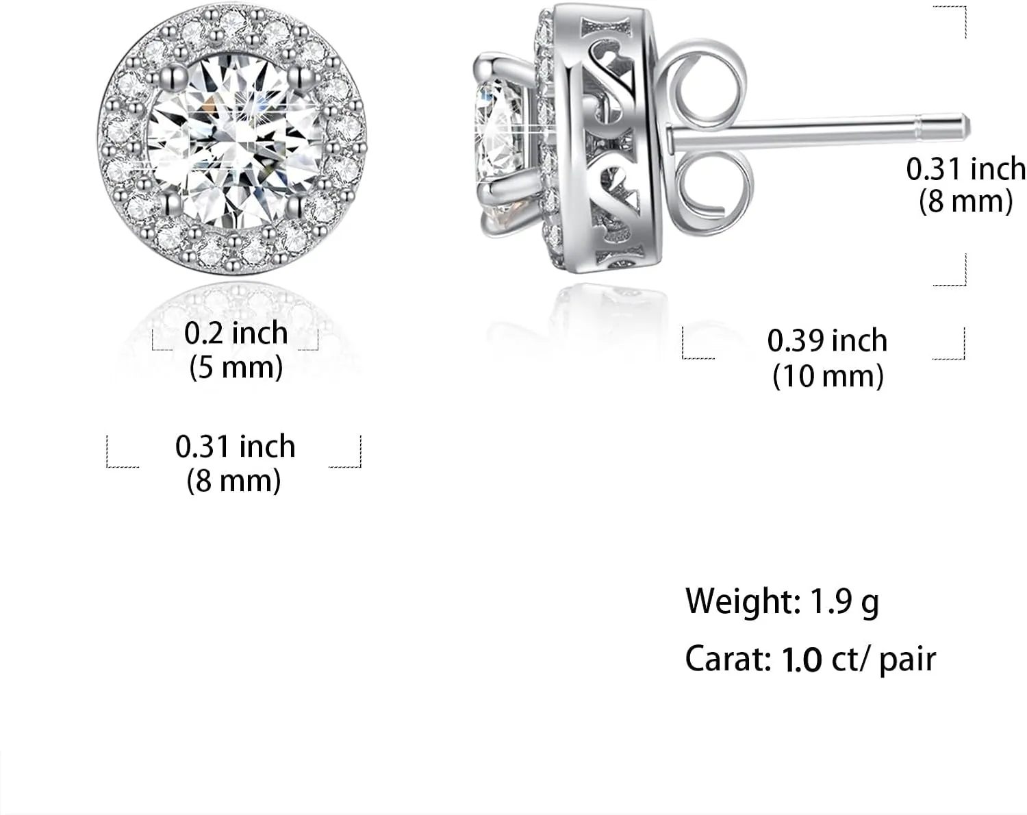 Moissanite Stud Earrings for Women and Men,Hypoallergenic 925 Sterling Silver Round eart 14K White Gold Plated Earrings,Diamond 1ct-2ct D-Color,Simple Gold Jewelry Gift for Women,For Family, Loved Ones, Friends