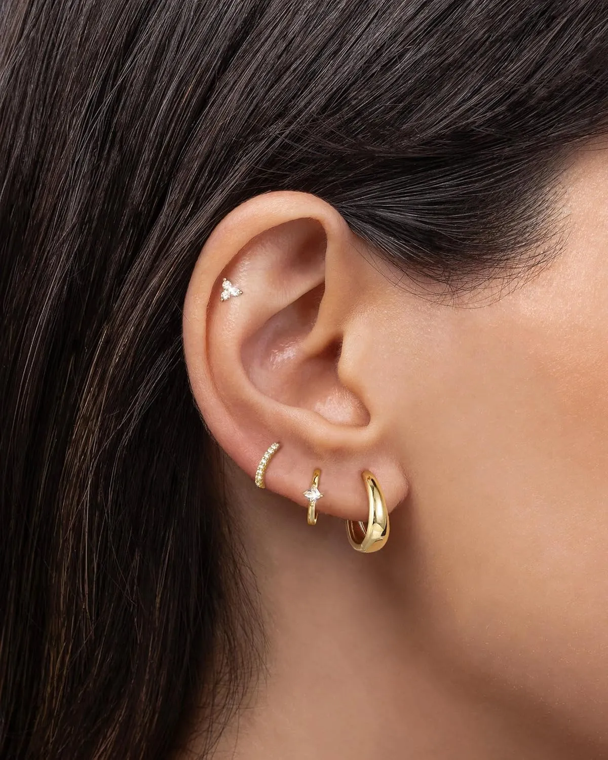 MOODEAR Small Chunky Stud Huggie Hoop Earrings Sets,Dainty Trendy 14K Gold Plated Hypoallergenic Cubic Zirconia Cartilage Multiple Piercing Cuff Earring Set for Women