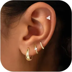 MOODEAR Small Chunky Stud Huggie Hoop Earrings Sets,Dainty Trendy 14K Gold Plated Hypoallergenic Cubic Zirconia Cartilage Multiple Piercing Cuff Earring Set for Women