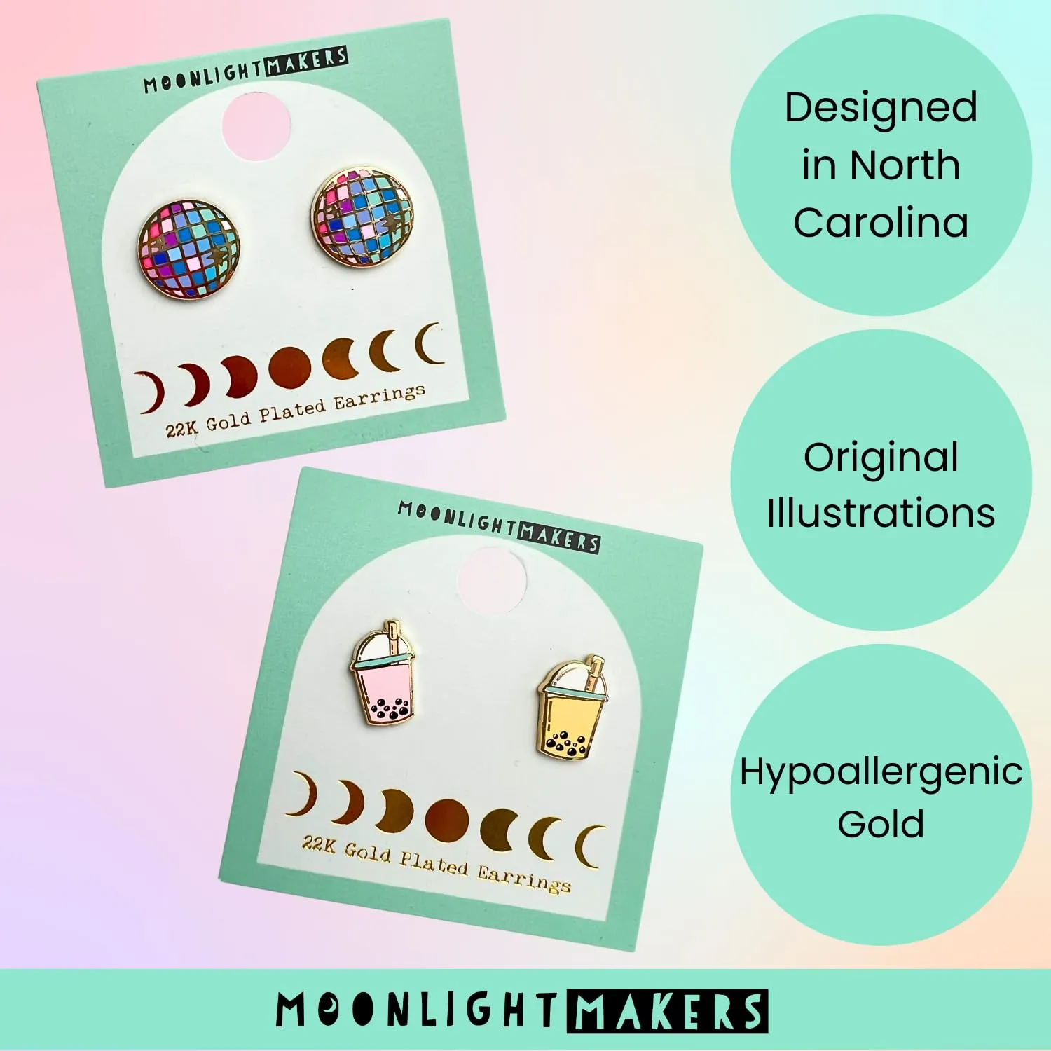 Moonlight Makers Disco Ball Hypoallergenic Stud Earrings - 22k Gold Plated, Stainless Steel Posts, Hard Enamel Finish - Quirky Cute Earrings, Fun Earrings for Women, Unique Funky Fun Accessories