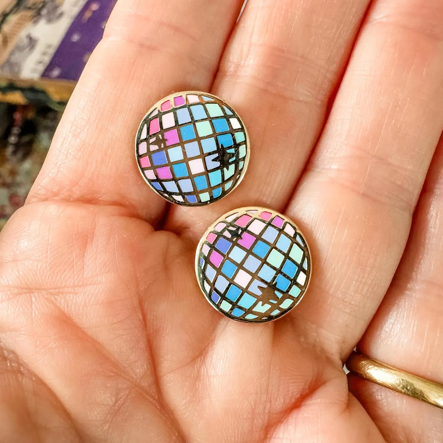 Moonlight Makers Disco Ball Hypoallergenic Stud Earrings - 22k Gold Plated, Stainless Steel Posts, Hard Enamel Finish - Quirky Cute Earrings, Fun Earrings for Women, Unique Funky Fun Accessories