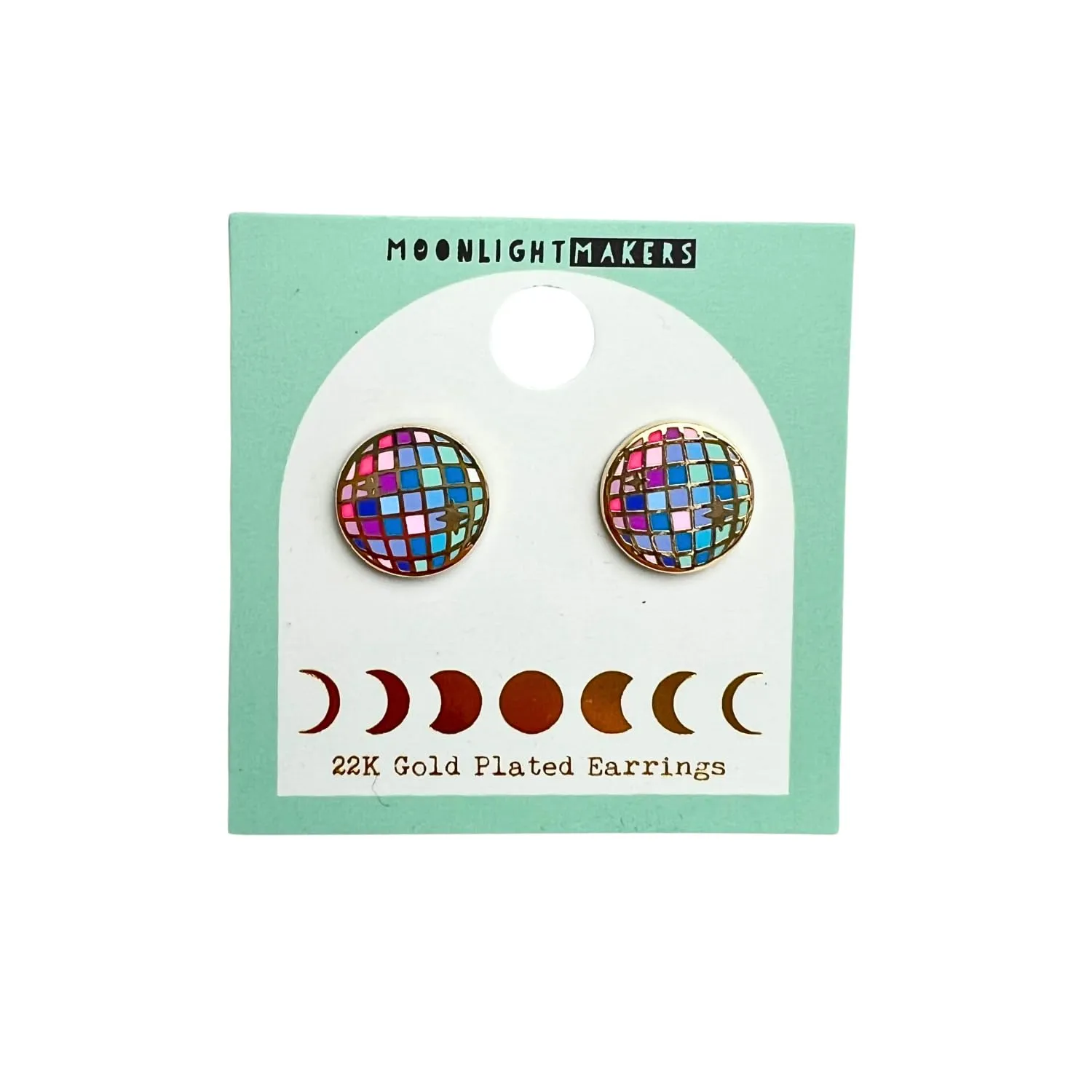 Moonlight Makers Disco Ball Hypoallergenic Stud Earrings - 22k Gold Plated, Stainless Steel Posts, Hard Enamel Finish - Quirky Cute Earrings, Fun Earrings for Women, Unique Funky Fun Accessories