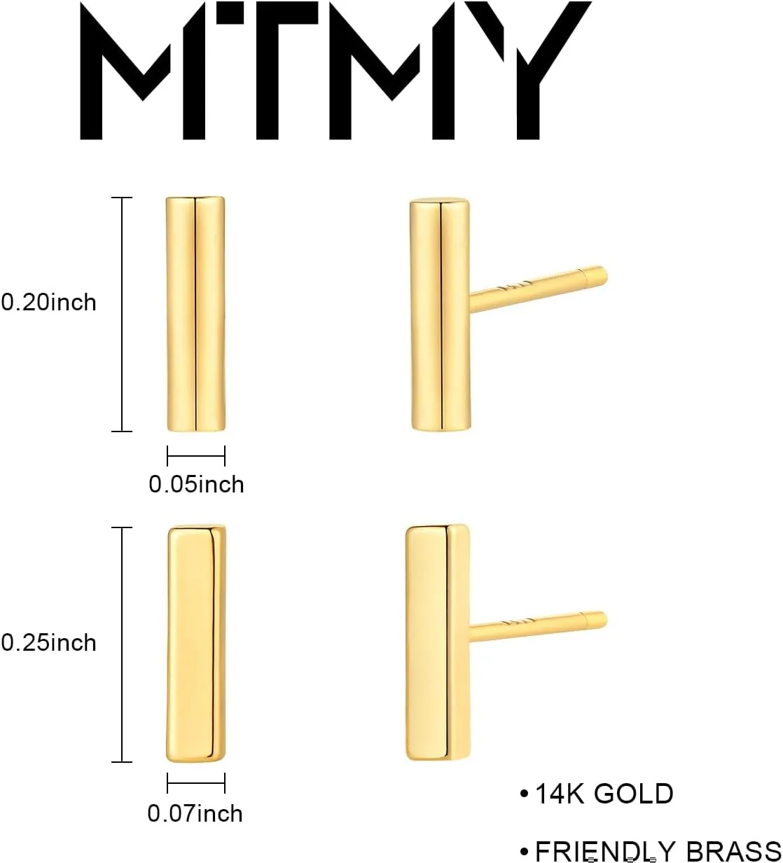 MTMY Gold Stud Earring for Women 2 Pairs of 14K Gold Plated Hypoallergenic Simple Small Stud Earring Set Tiny Bar, Circle, Heart, Triangle, Star, Crown, Flower Dainty Earrings Jewelry