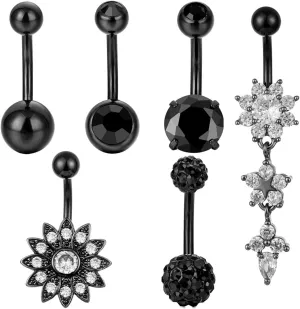 NASAMA 6PCS 14G Stainless Steel Dangle Belly Button Rings for Women Belly Piercing CZ Inlaid