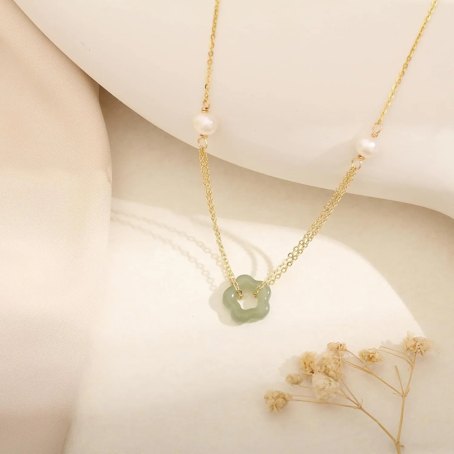 Natural Flower Jade Necklaces for Women, Dainty Freshwater Pearl & Jade Pendant for Women, Lucky Green Jade Jewelry Chain for Women Lover Her (925 Sterling Silver with Gold Plated)