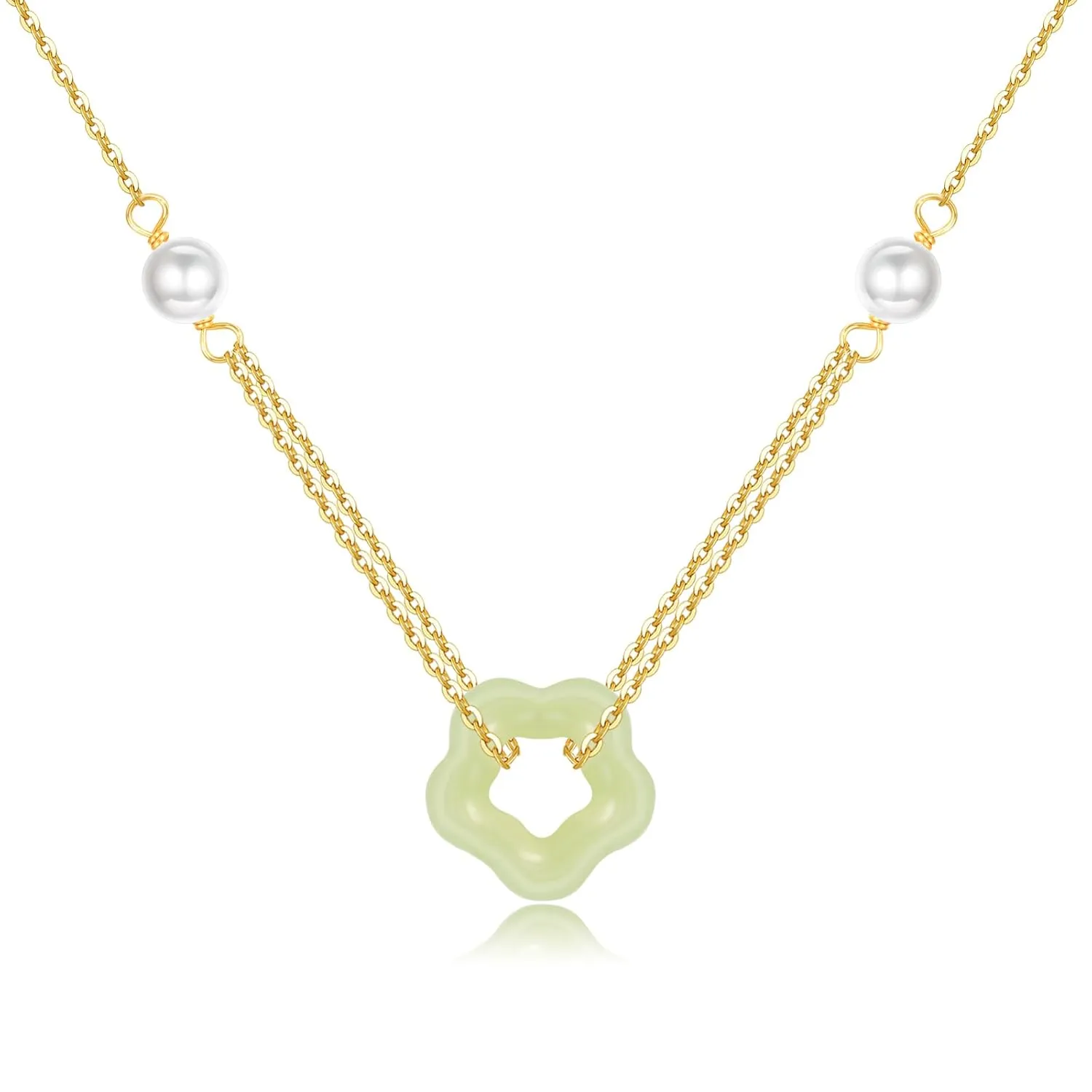 Natural Flower Jade Necklaces for Women, Dainty Freshwater Pearl & Jade Pendant for Women, Lucky Green Jade Jewelry Chain for Women Lover Her (925 Sterling Silver with Gold Plated)