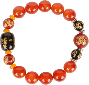 Natural Gemstone Bracelet, Red Agate Quartz Bracelet Wealth Amulet Buddhist Prayer Beads Bracelet Reiki Chakra Crystal Talisman Attract Money Prosperity Luck,12mm
