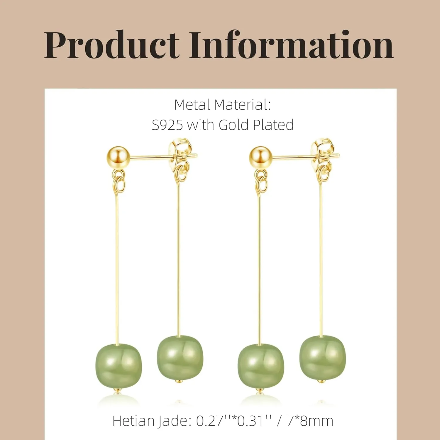 Natural Hetian Jade Bead Earrings, Lucky Green Jade, Dainty Green Real Jade Charm Pendant Jewelry Studs, Handmade Earrings Stud Hoop Earrings for Women (925 Sterling Silver with Gold Plated)