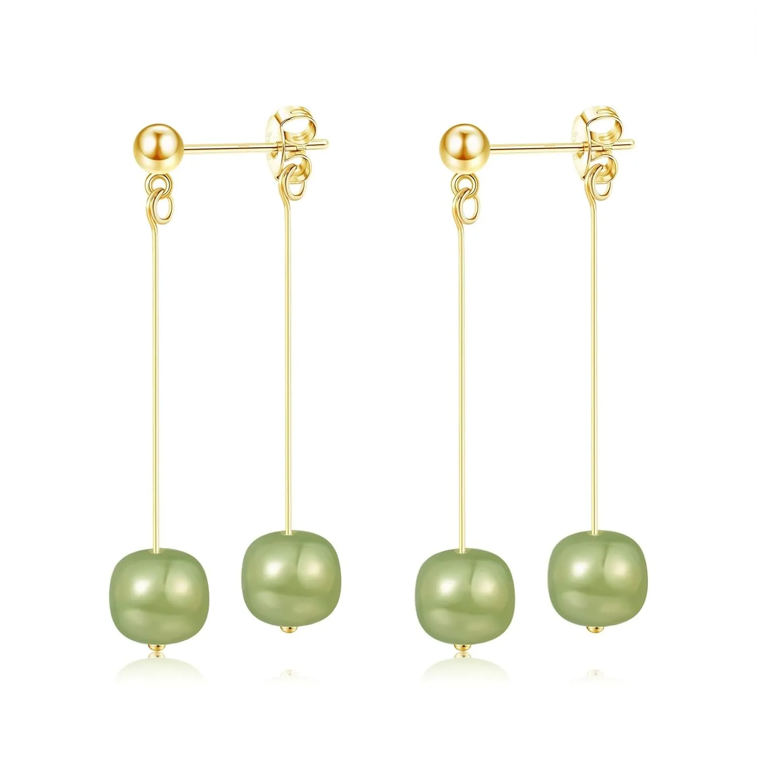 Natural Hetian Jade Bead Earrings, Lucky Green Jade, Dainty Green Real Jade Charm Pendant Jewelry Studs, Handmade Earrings Stud Hoop Earrings for Women (925 Sterling Silver with Gold Plated)