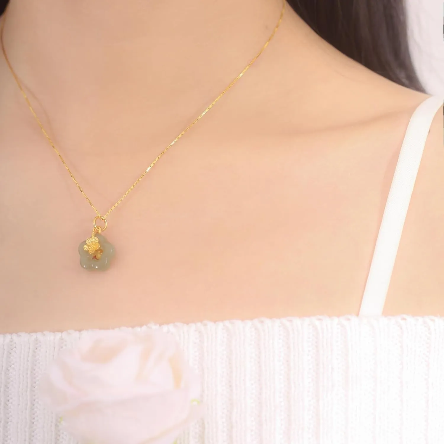 Natural Hetian Jade Necklace for Women, Dainty Cyan Green Jade Flower Charm Pendant Adjustable Choker Necklace Jewelry Chain for Mom Lover Her (925 Sterling Silver with Gold Plated)